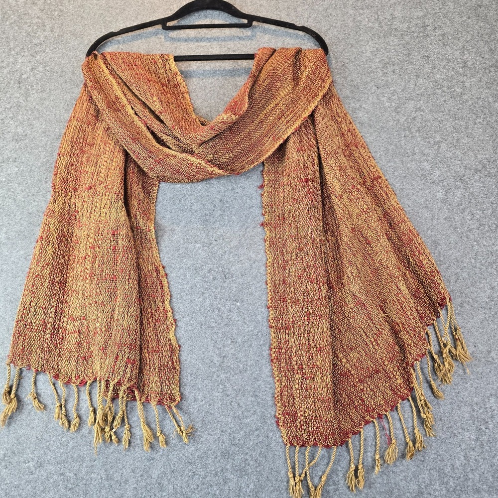 Handmade Woven Scarf Unisex Rust Gold Textured Tapestry Fringe Hem Bohemian